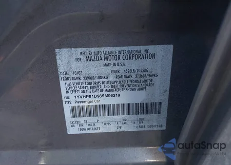 2008 Mazda Mazda6 S Grand Touring z USA, uszkodzony, nr VIN 1YVHP81D985M06219